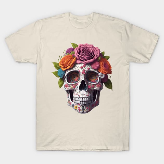 Funny Sugar Candy Skull With Flowers T-Shirt by allovervintage